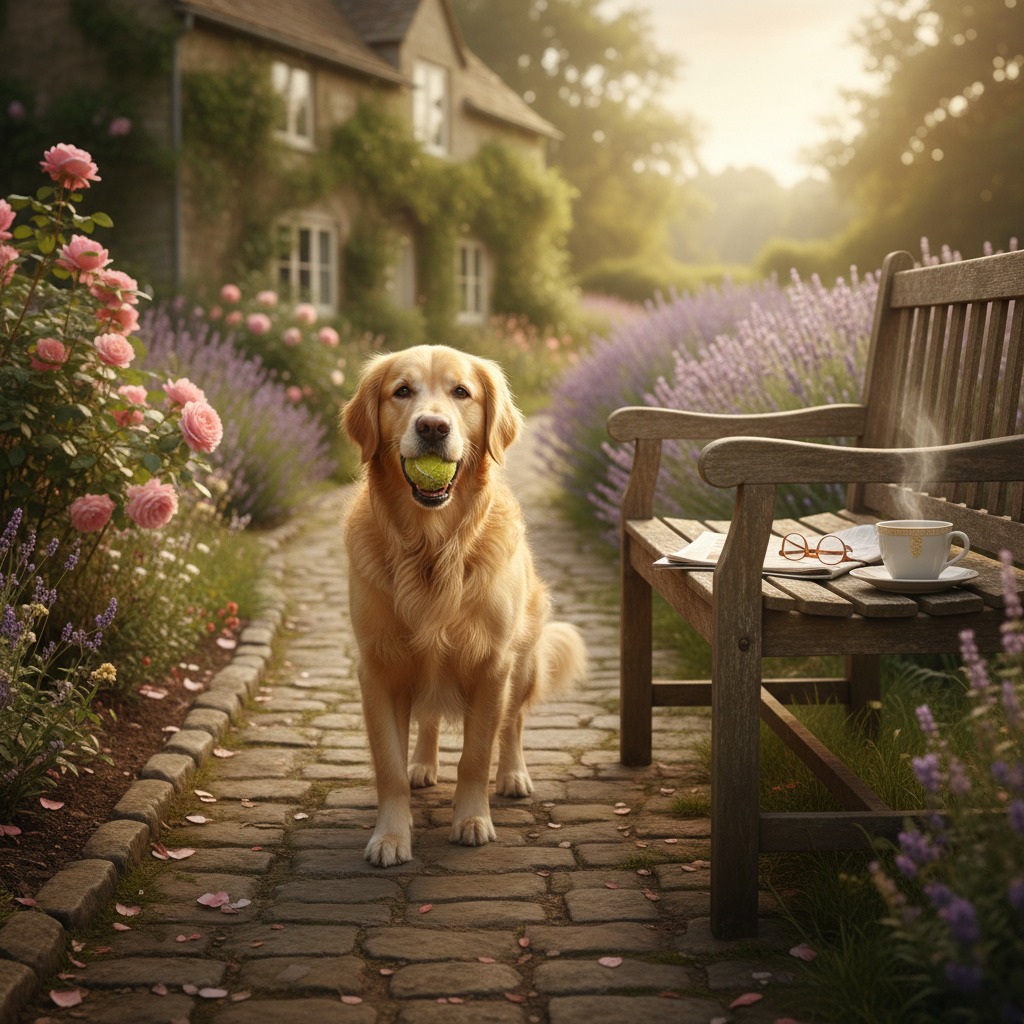 A golden retriever holds a tennis ball in its mouth while standing on a cobblestone path in a garden next to a wooden bench with a steaming cup of tea and a newspaper.