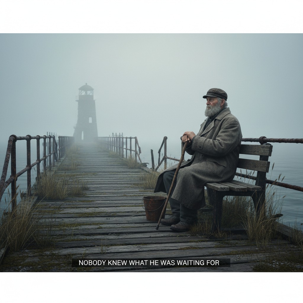 An elderly man in a heavy coat and cap sits on a wooden bench on a foggy pier, holding a walking stick with a lighthouse visible in the distance.