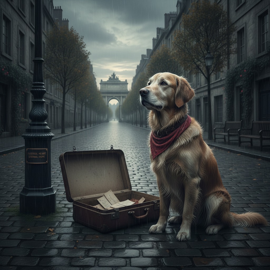 A golden retriever wearing a red bandana sits on a wet cobblestone street next to an open suitcase filled with letters.