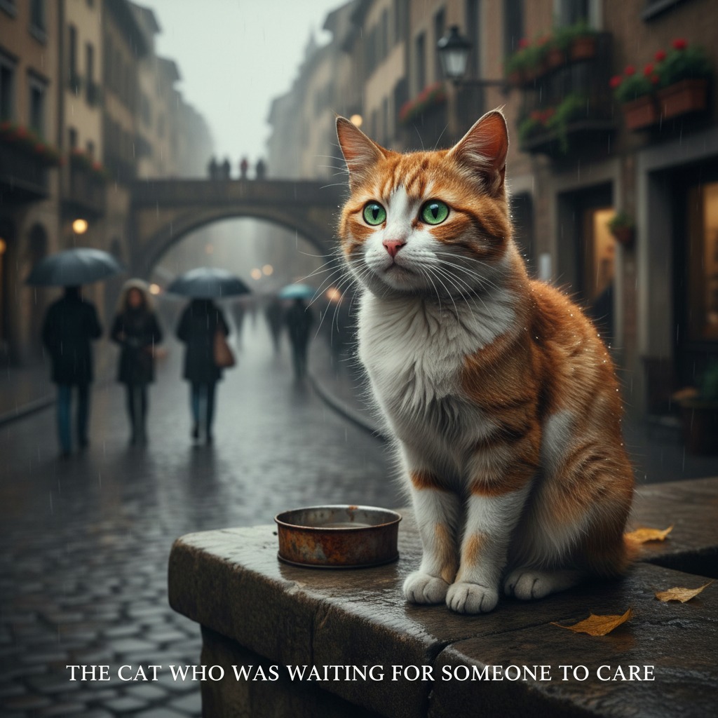 An orange and white tabby cat with green eyes sits on a stone ledge next to a small bowl on a rainy city street.